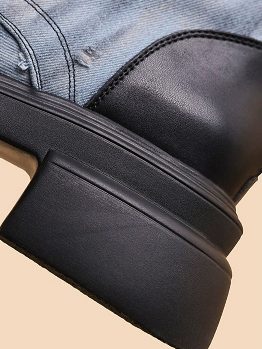 Women's Western Vintage Ribbed Patchwork Sock Style Denim Slip Resistant Sole Chunky Heel Ankle Boots
