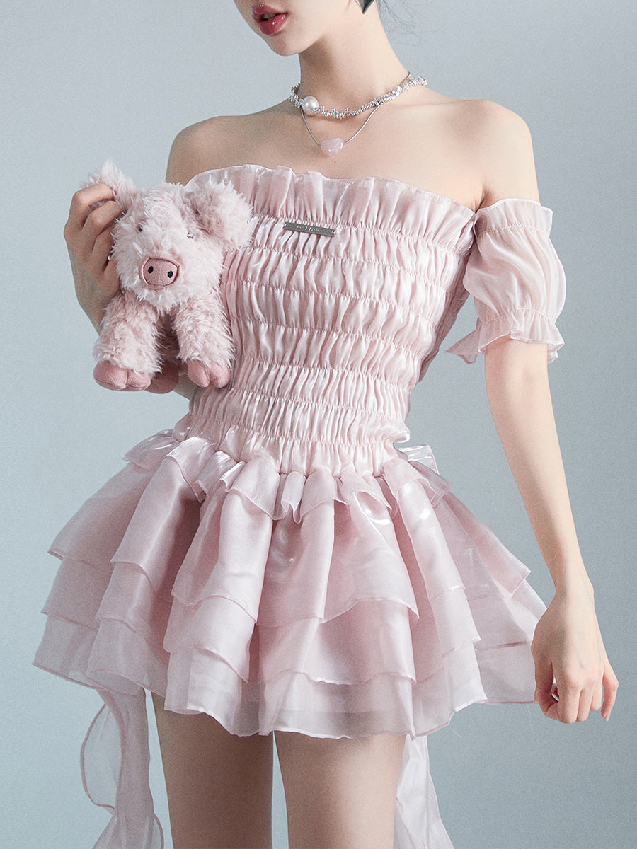 Irregular Fluffy Pink Organza Dress