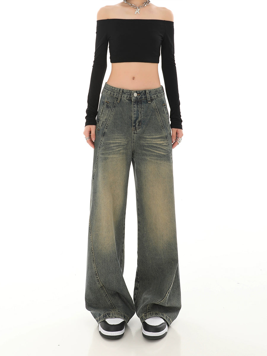 Vintage Relaxed Fit Grey Wide Leg Denim Jeans