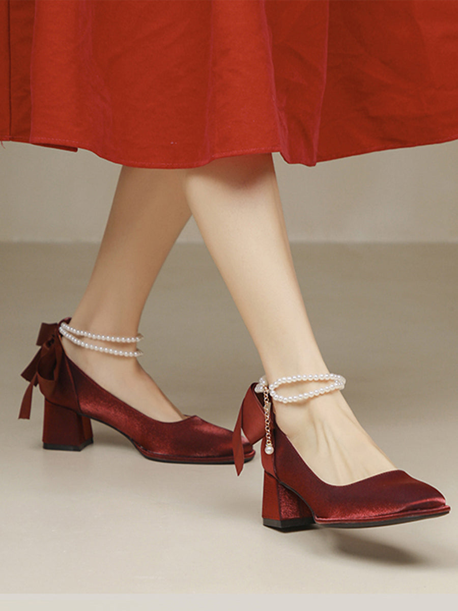 Women's Pointed Toe Chunky Heel Pumps With Pearls & Bowknots Beaded Decoration