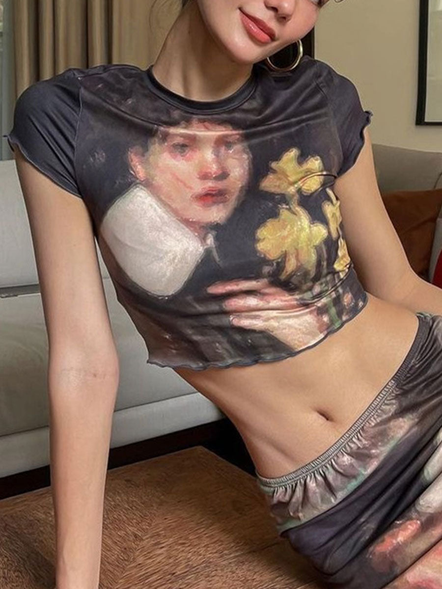 Oil painting Short Sleeve Top + Long Skirt Set