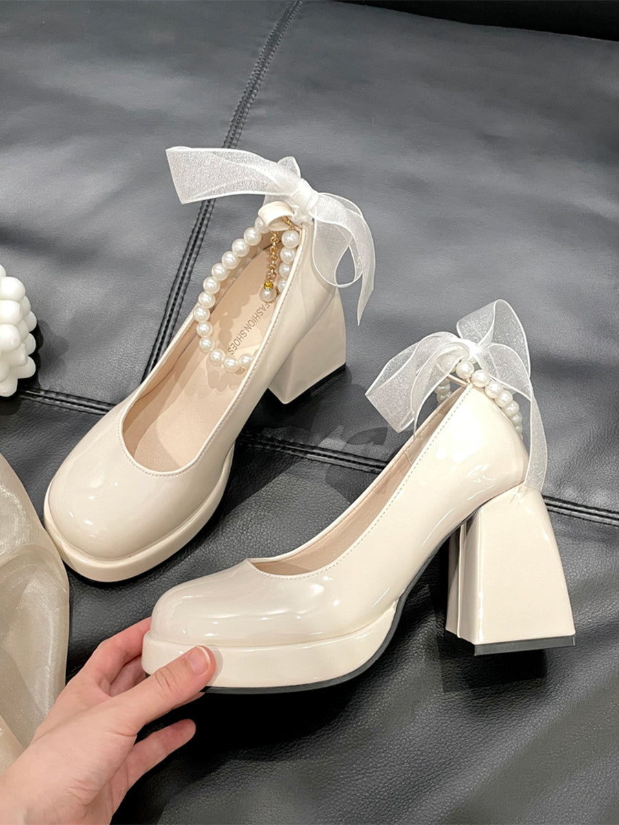 Women's Round Toe Mary Jane Heels Shoes with Double Layered Pearls Chain