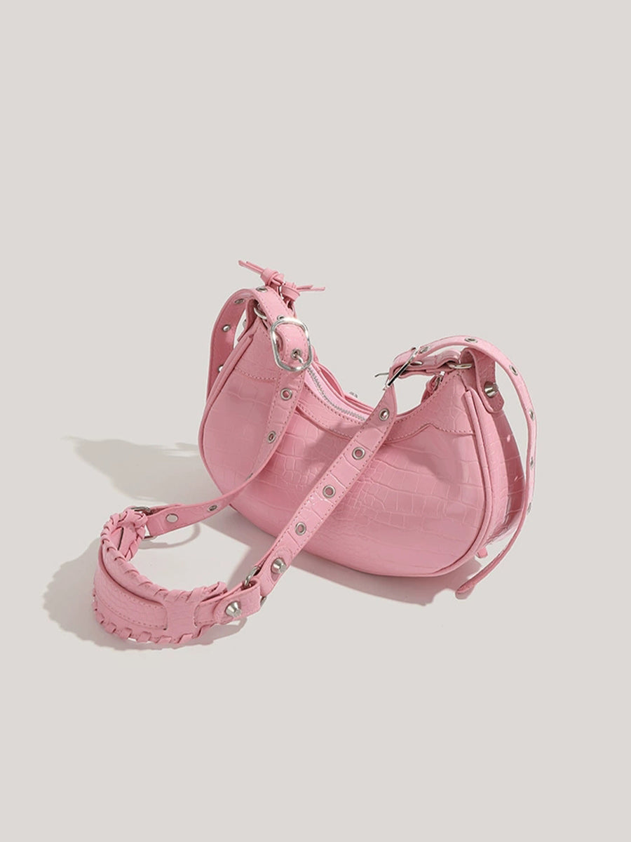 Pink Leather Croissant Bag with Mirror and Pouch