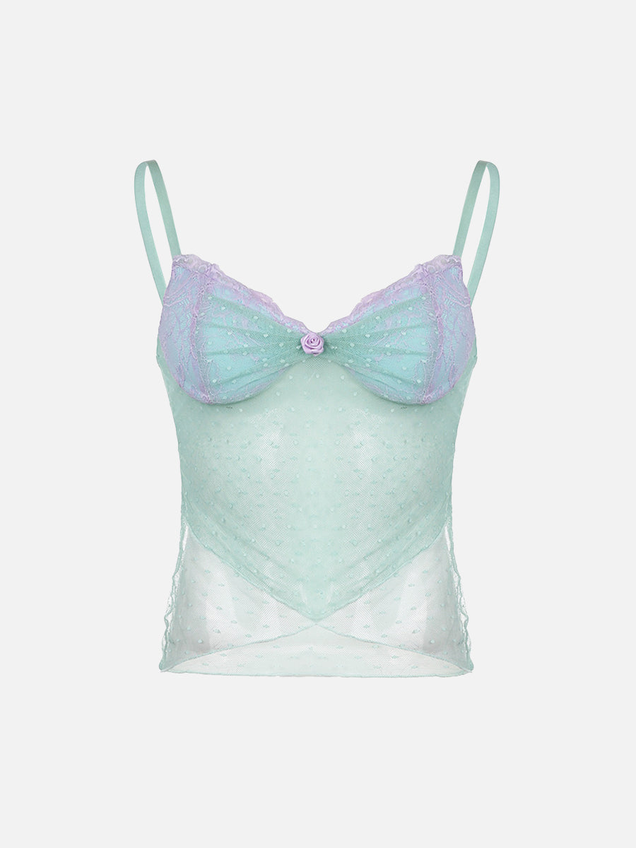 Lace Patterned Mesh Patchwork Camisole Top