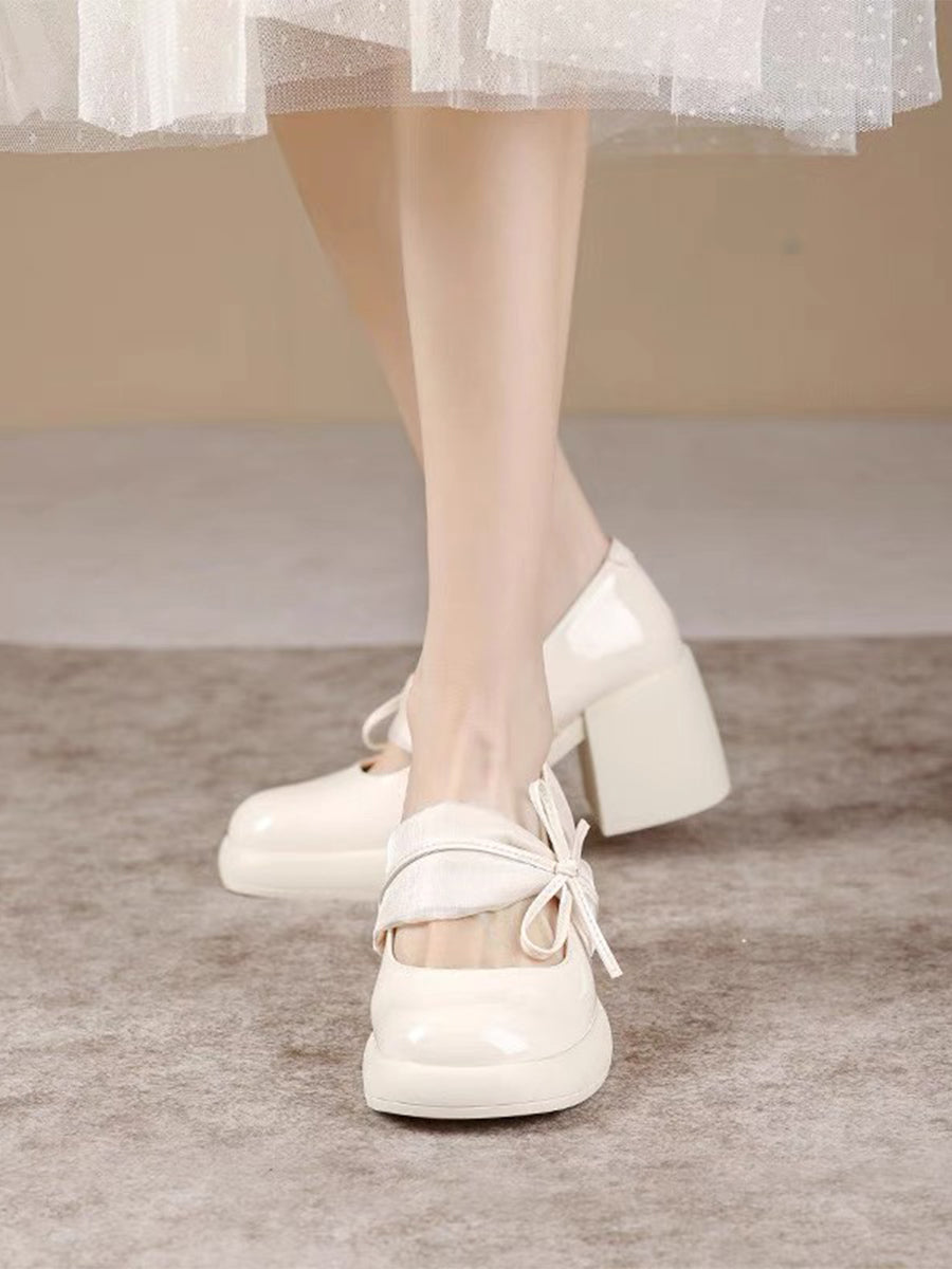 Ribbon-tie Mary Jane Pumps in White