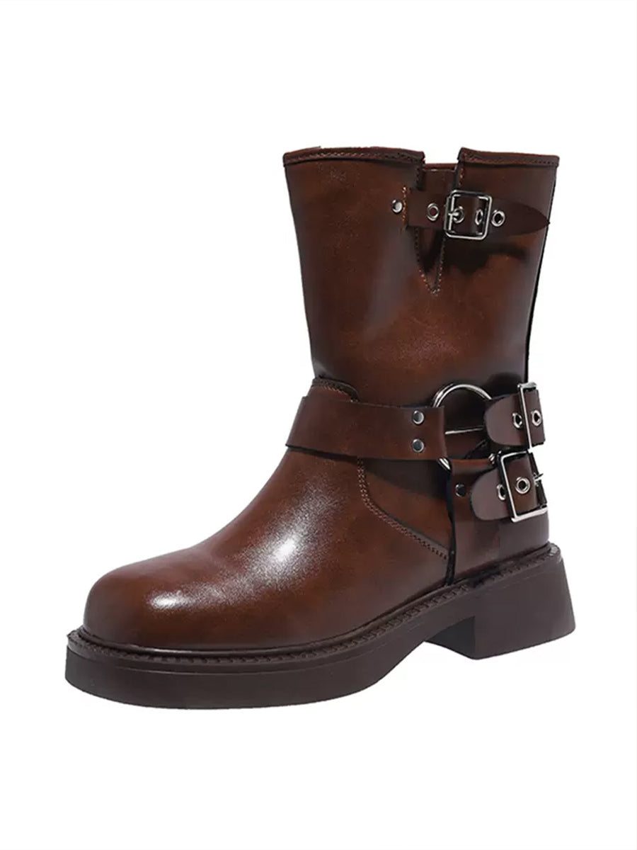 Women's Western Buckle Straps Chunky Heeled Side Zip Boots