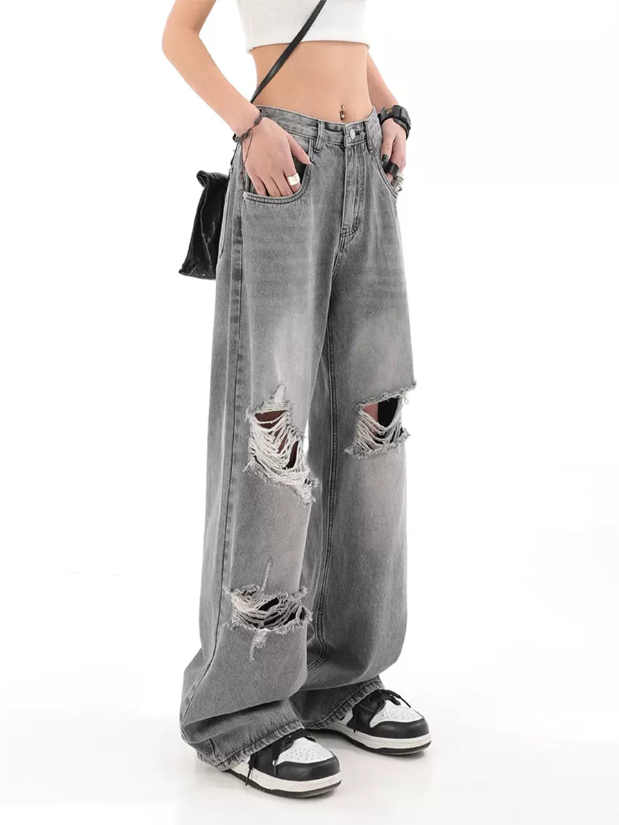 Vintage Grey Ripped Denim Straight Loose Jeans