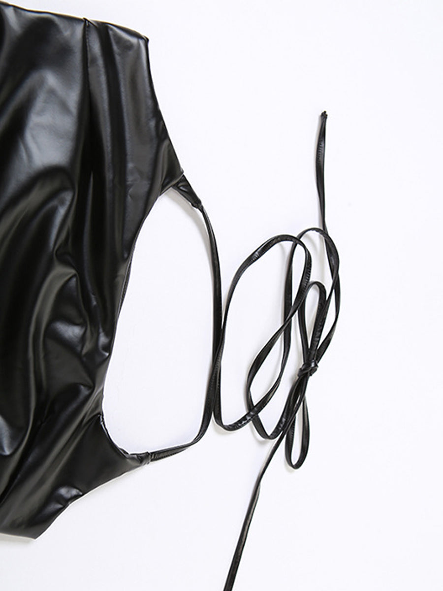 Black Leather Lace-up Halter Top