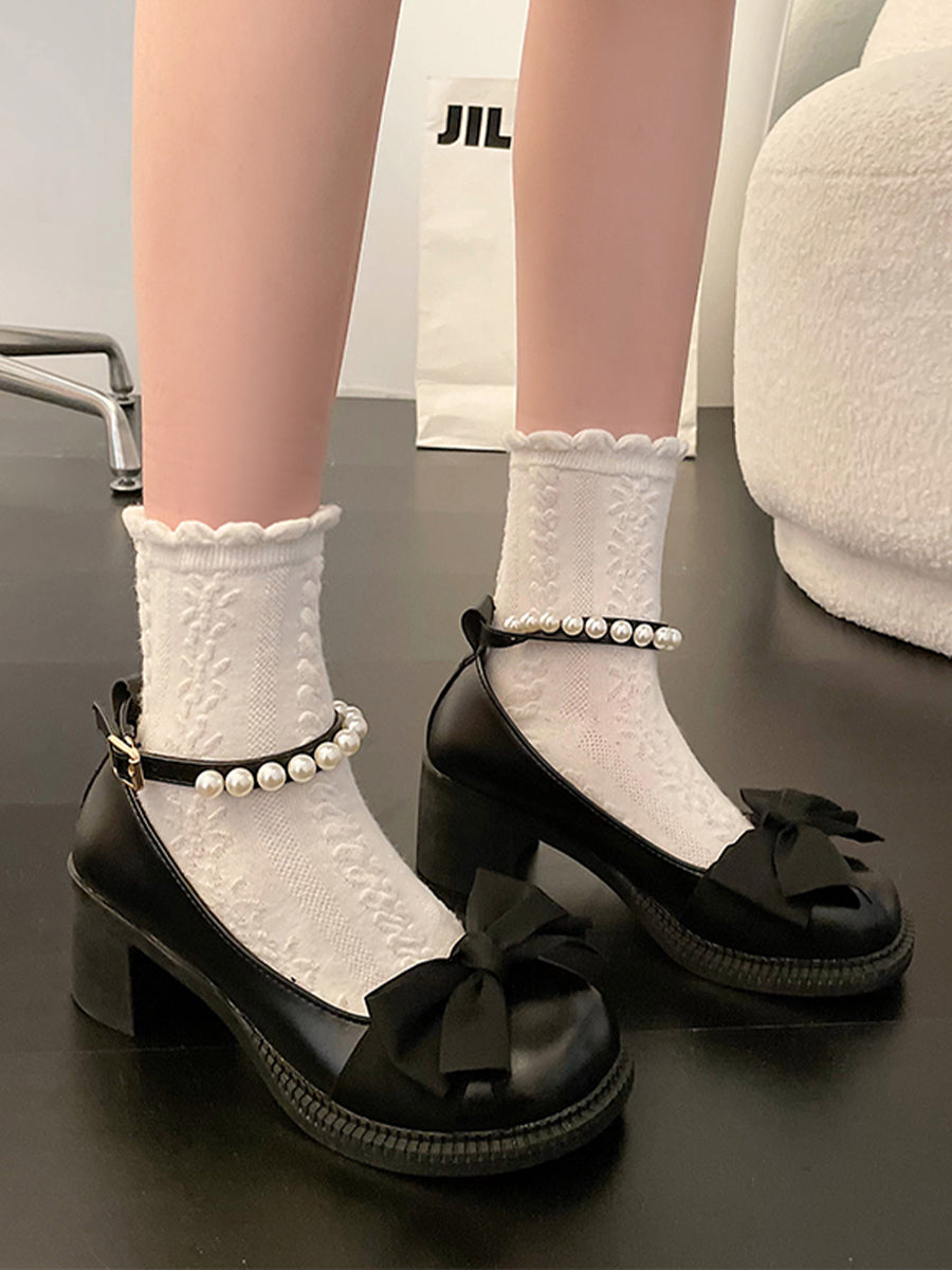 Bow Tie Round Toe Pearls Strap Mary Jane Heels Shoes