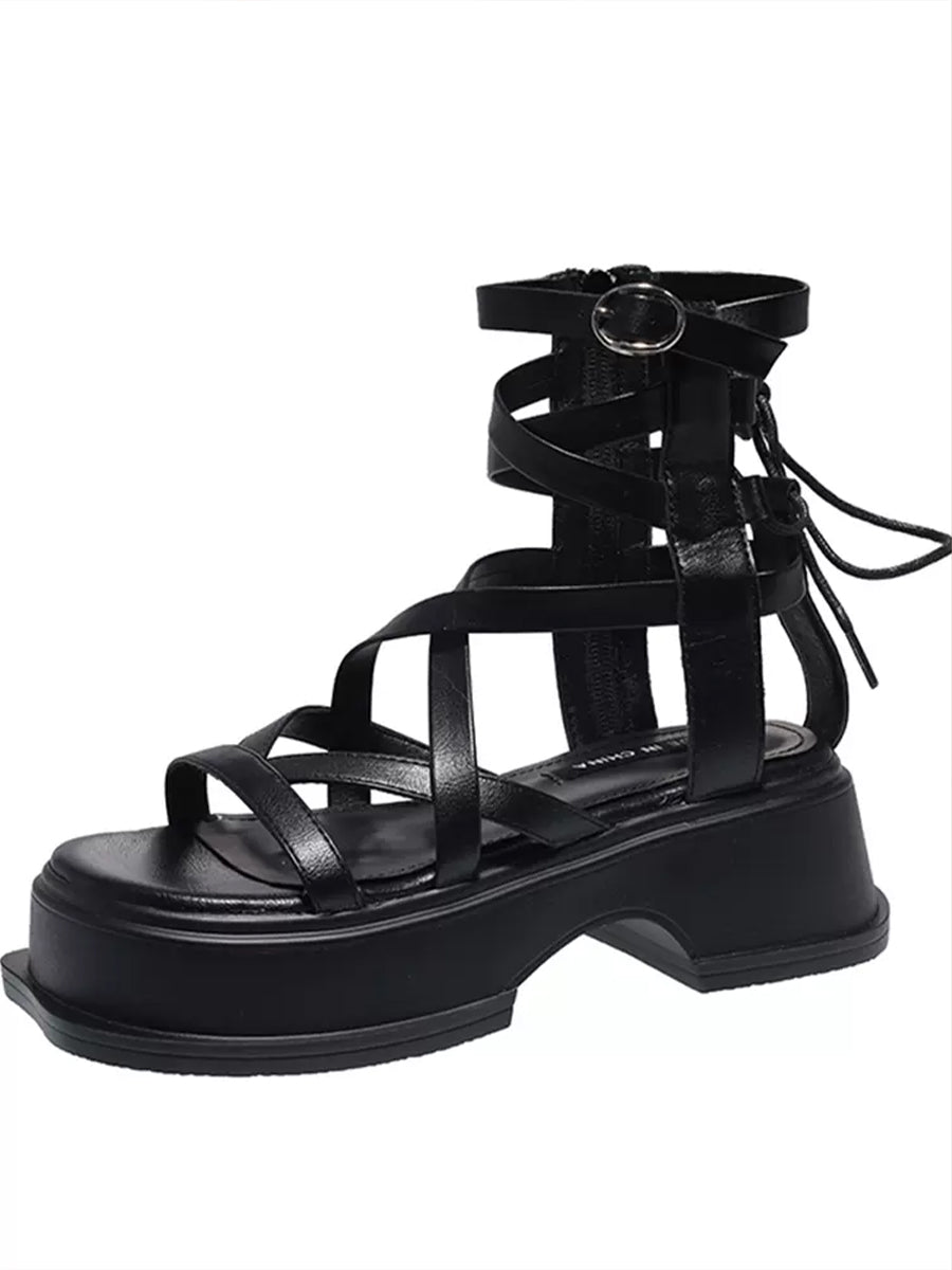 Criss Cross Chunky Heel Black And White Zipper Sandals