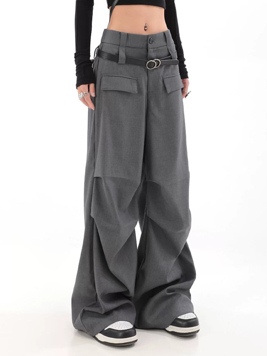 Solid Color Pleated Contour Suit Pants with Belt
