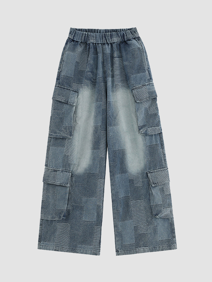 Street Blue Multi Pocket Loose Plaid Casual Jeans