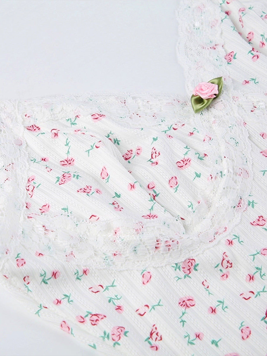 Lace Floral Print Halter/Long Sleeve Bodysuit