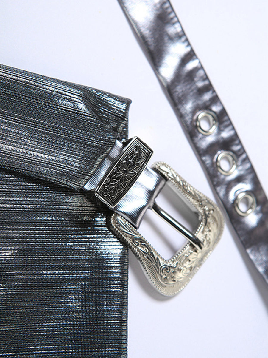 Pink Grey Shiny Leather Buckle Halter Top