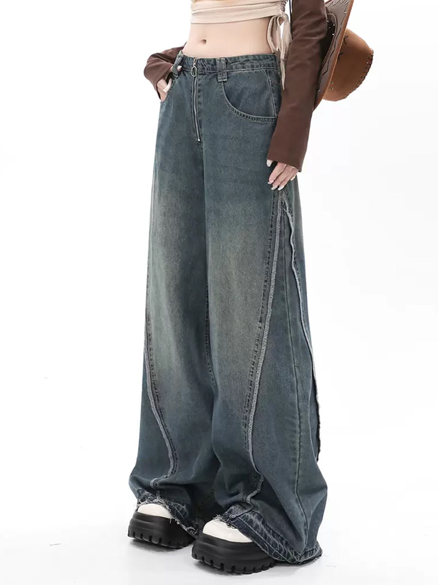 Solid Color Loose Raw Hemmed Long Jeans