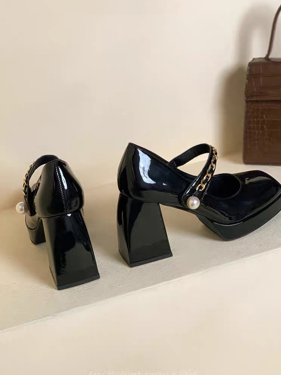 Metal Chain Pearl Chunky Heel Mary Jane Pumps