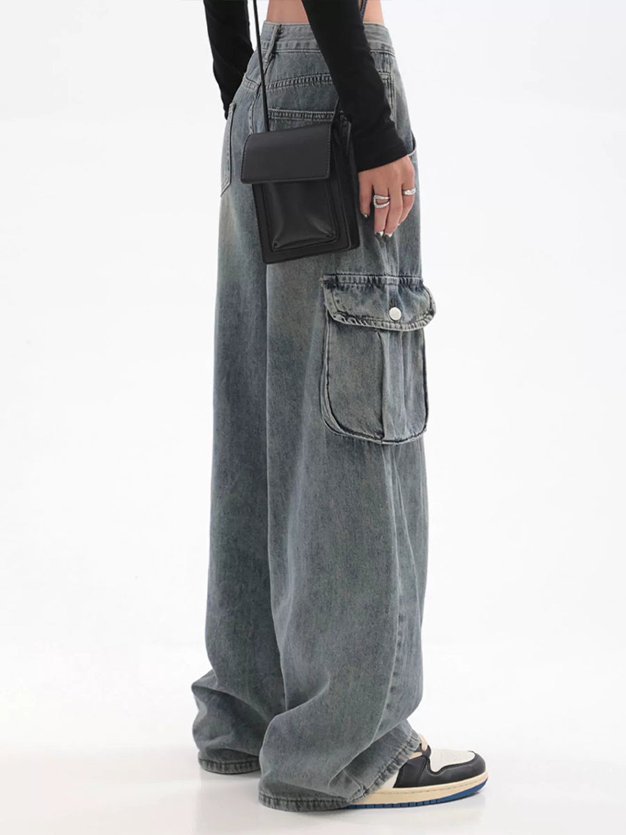 Vintage Light Blue Irregular Loose Cargo Jeans