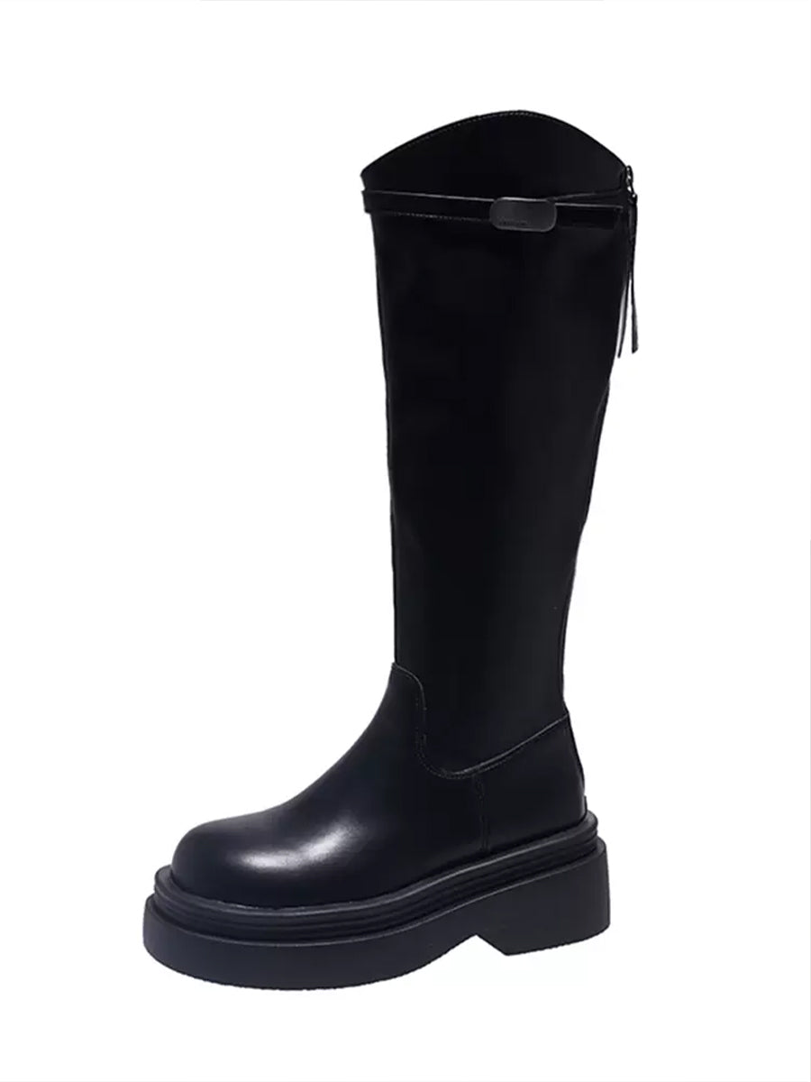 Women's Solid Color Zipper Height Increase V Solid Color Boots