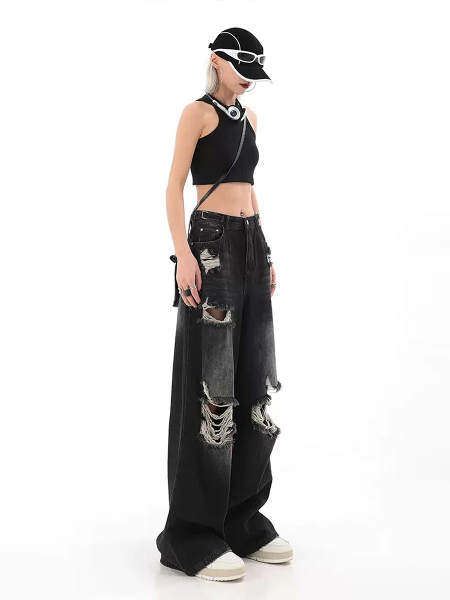 Vintage Ripped Denim Straight Loose Jeans