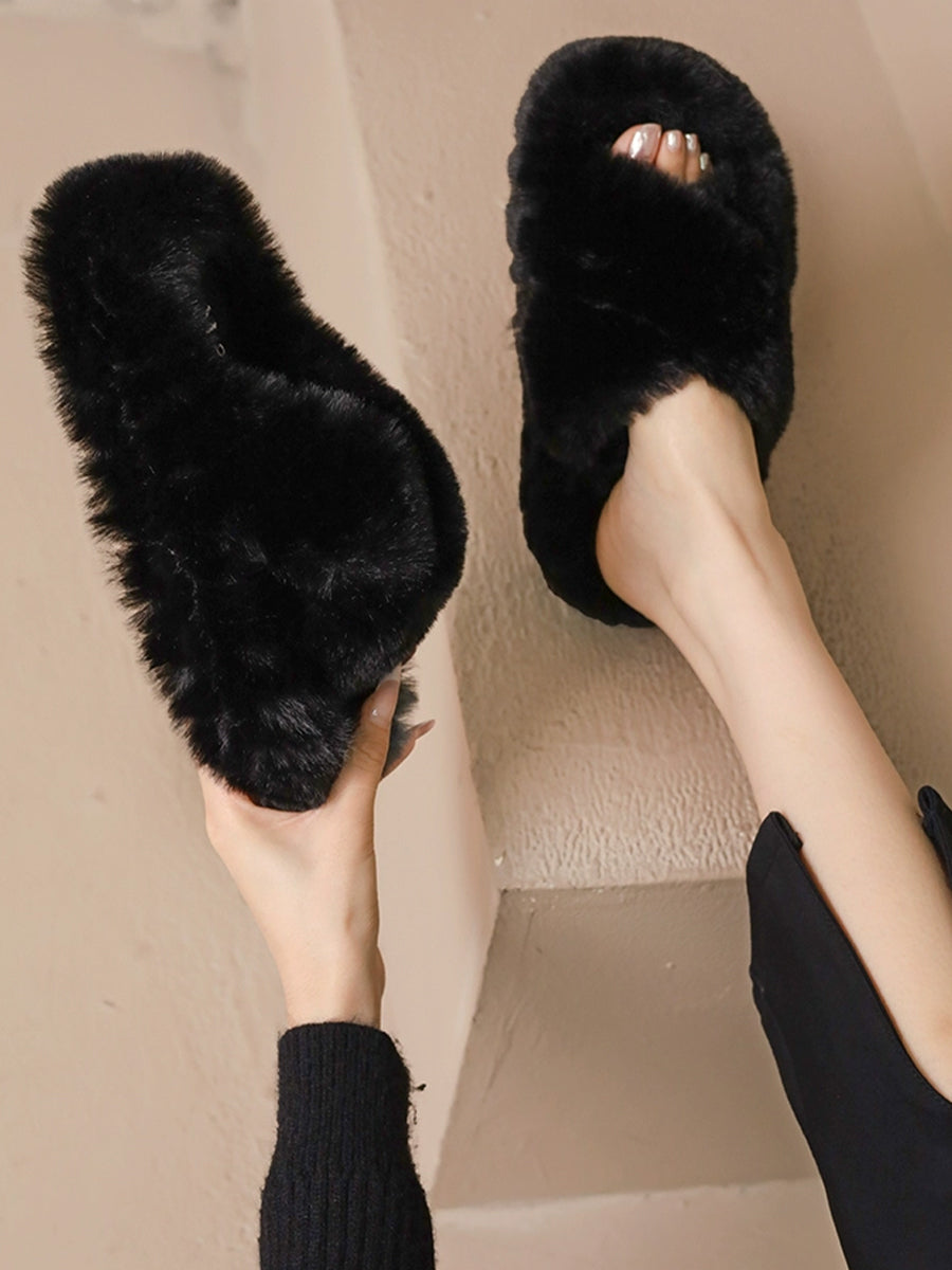 Criss Cross Straps Casual Indoors Slippers Fluffy Faux Fuzzy Fur Slides