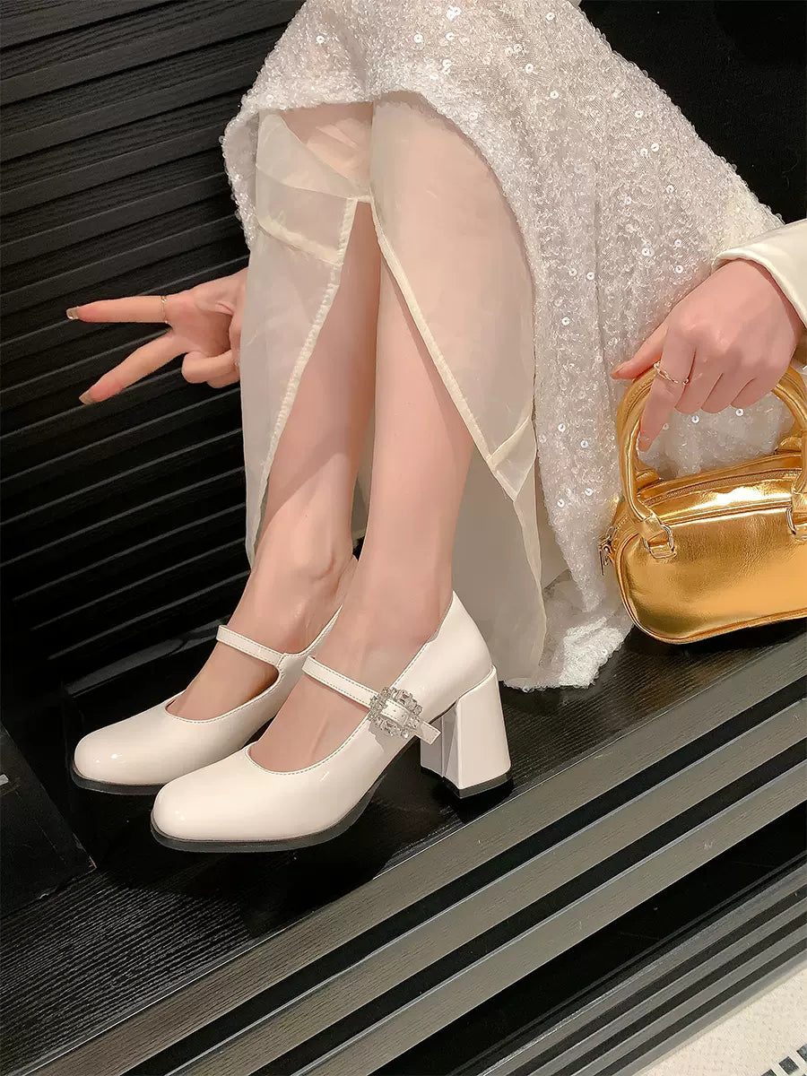 Square Toe Chunky Heeled Ankle Strap Mary Jane Pumps Shoes