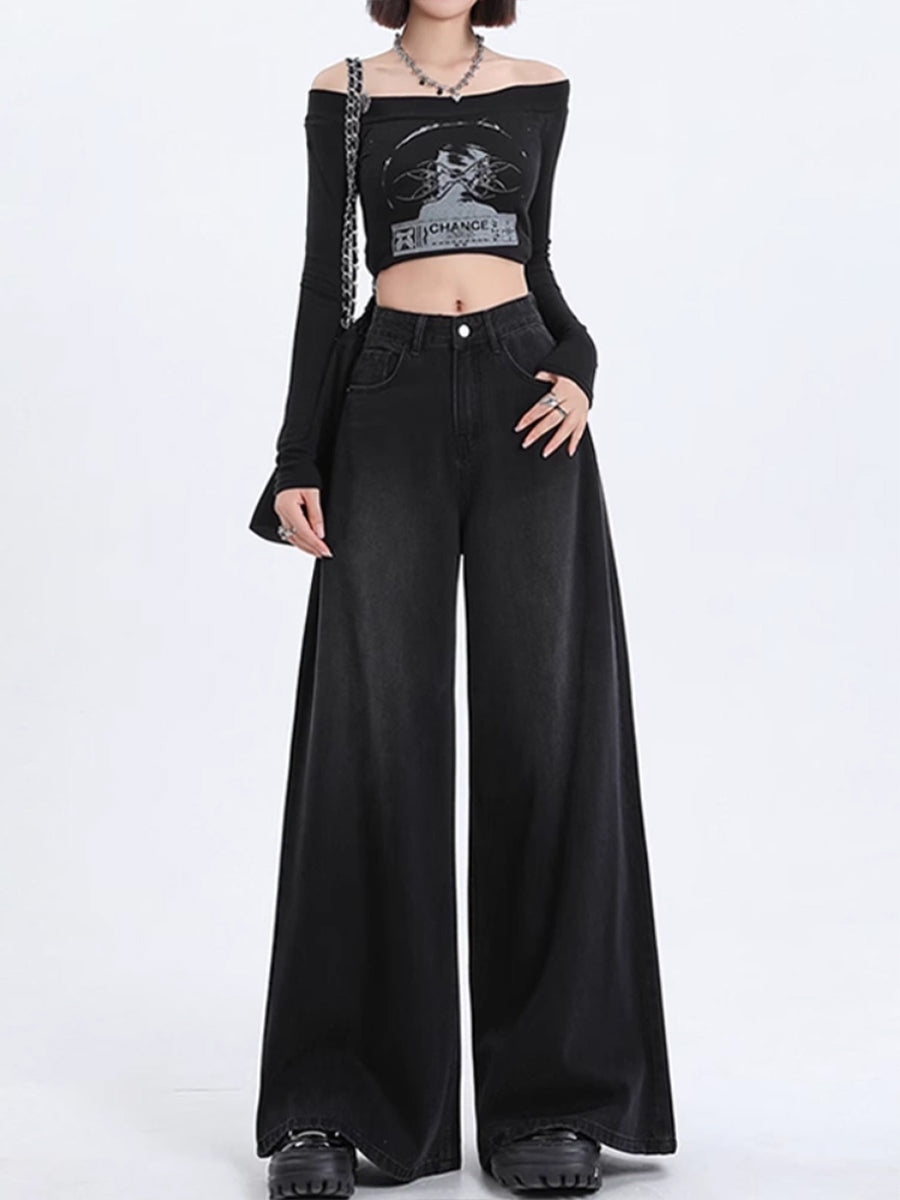 Solid Color Relaxed Fit High Rise Jeans Denim Pants