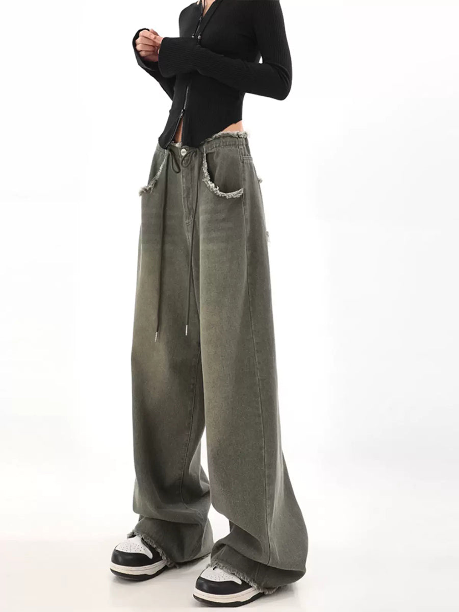 Loose Straight Raw Edge Denim Jeans