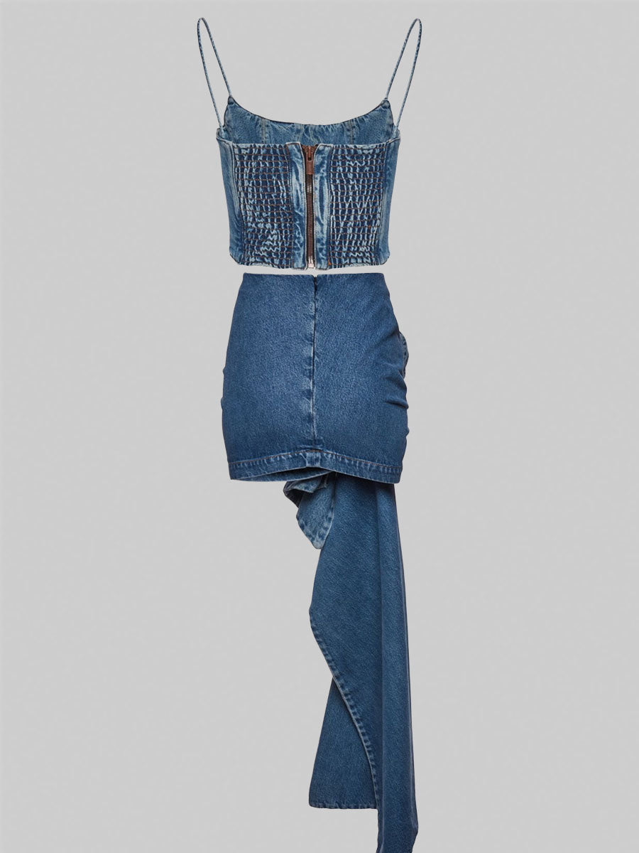 Blue Denim Zipper Cami Top + Floral Irregular Skirt Set