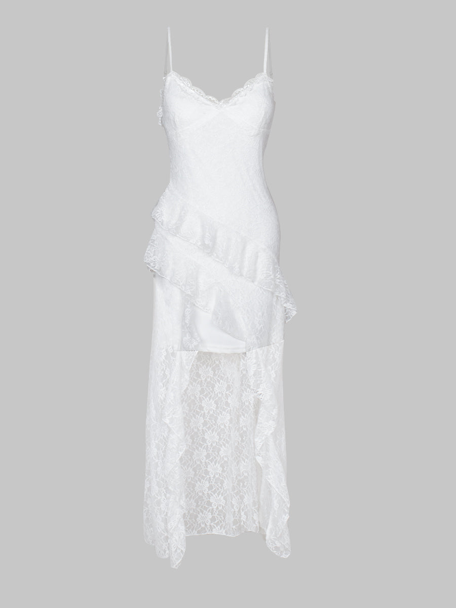 Solid Color Lace Patchwork Irregular Long Dress