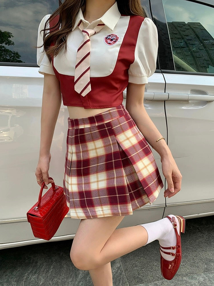 Fake Two Piece Shirt Top + Plaid Skirt with Tie Set