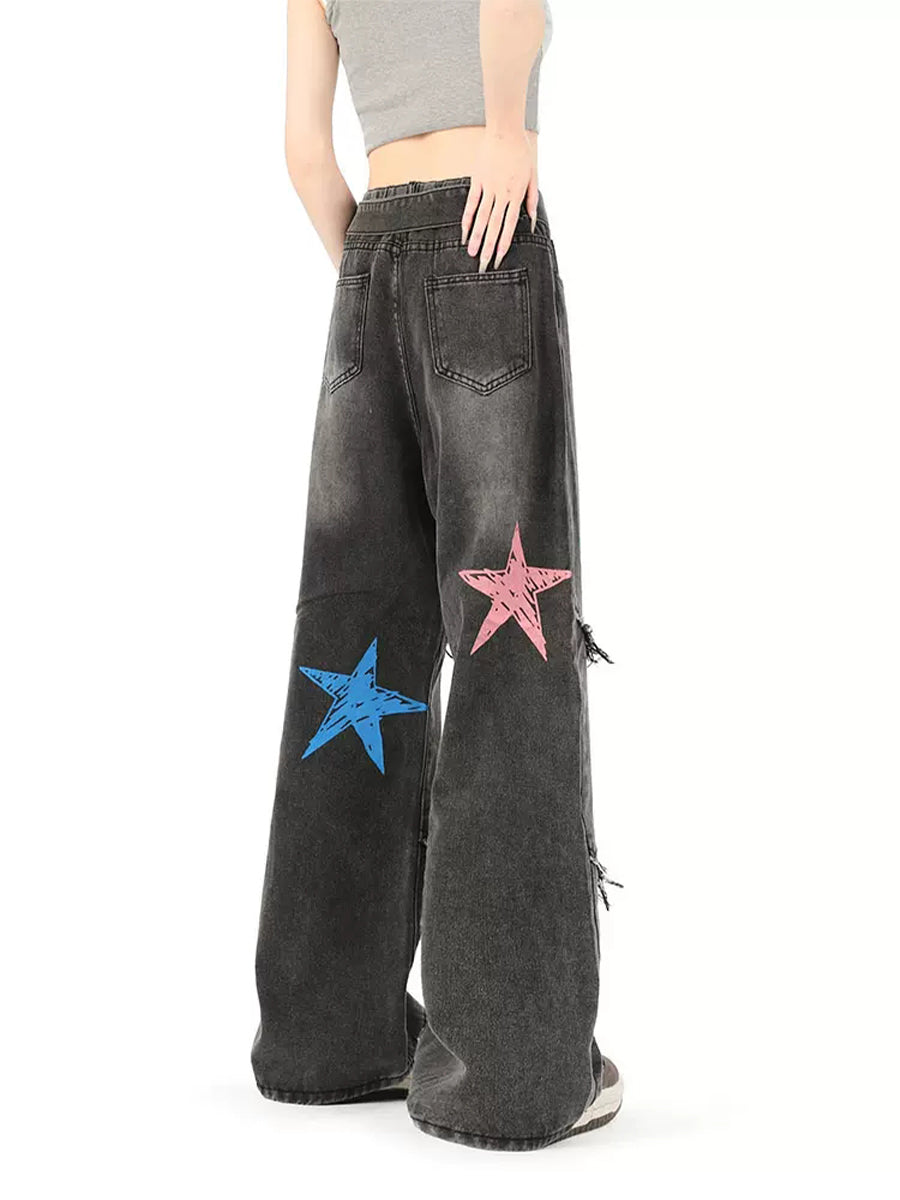 Pentagram Butterfly Print Denim Loose Pants
