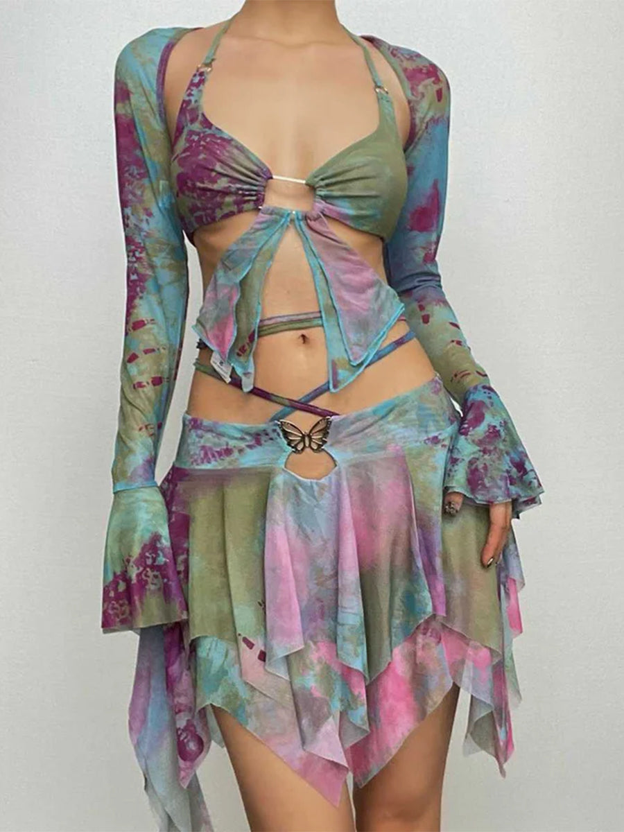 Flared Sleeve Tie Dye O Ring Self Tie Halter Low Cut Mini Skirt Set
