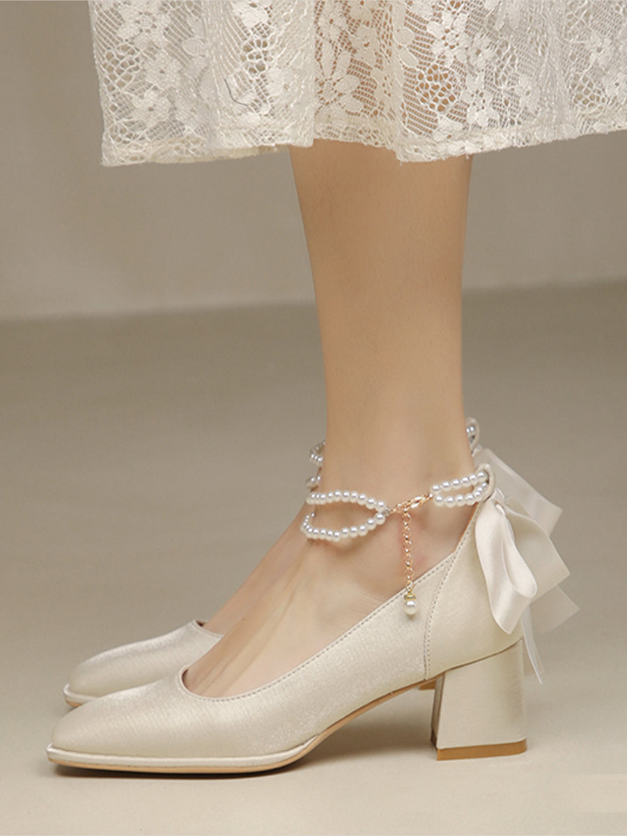 Women's Pointed Toe Chunky Heel Pumps With Pearls & Bowknots Beaded Decoration