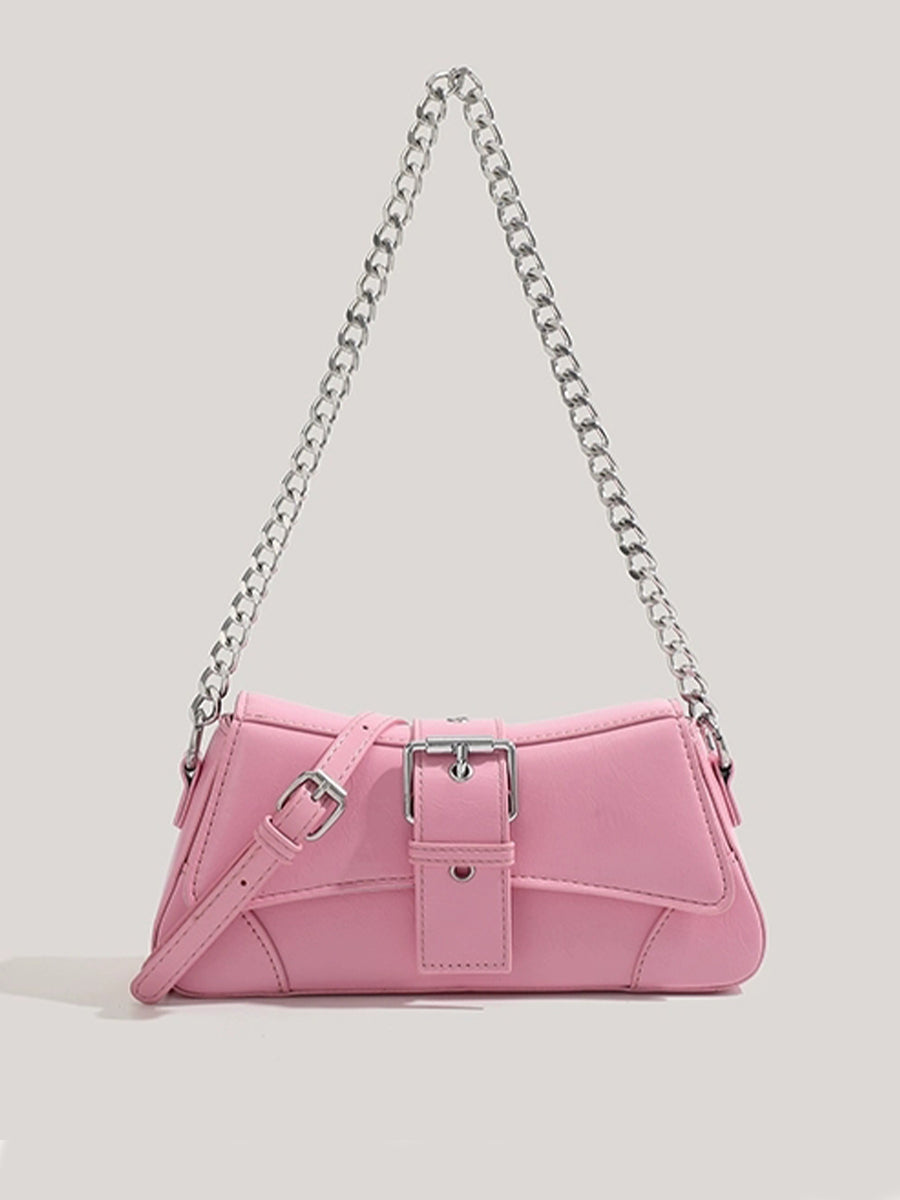 Solid Color Patent Leather Chain Baguette Bag