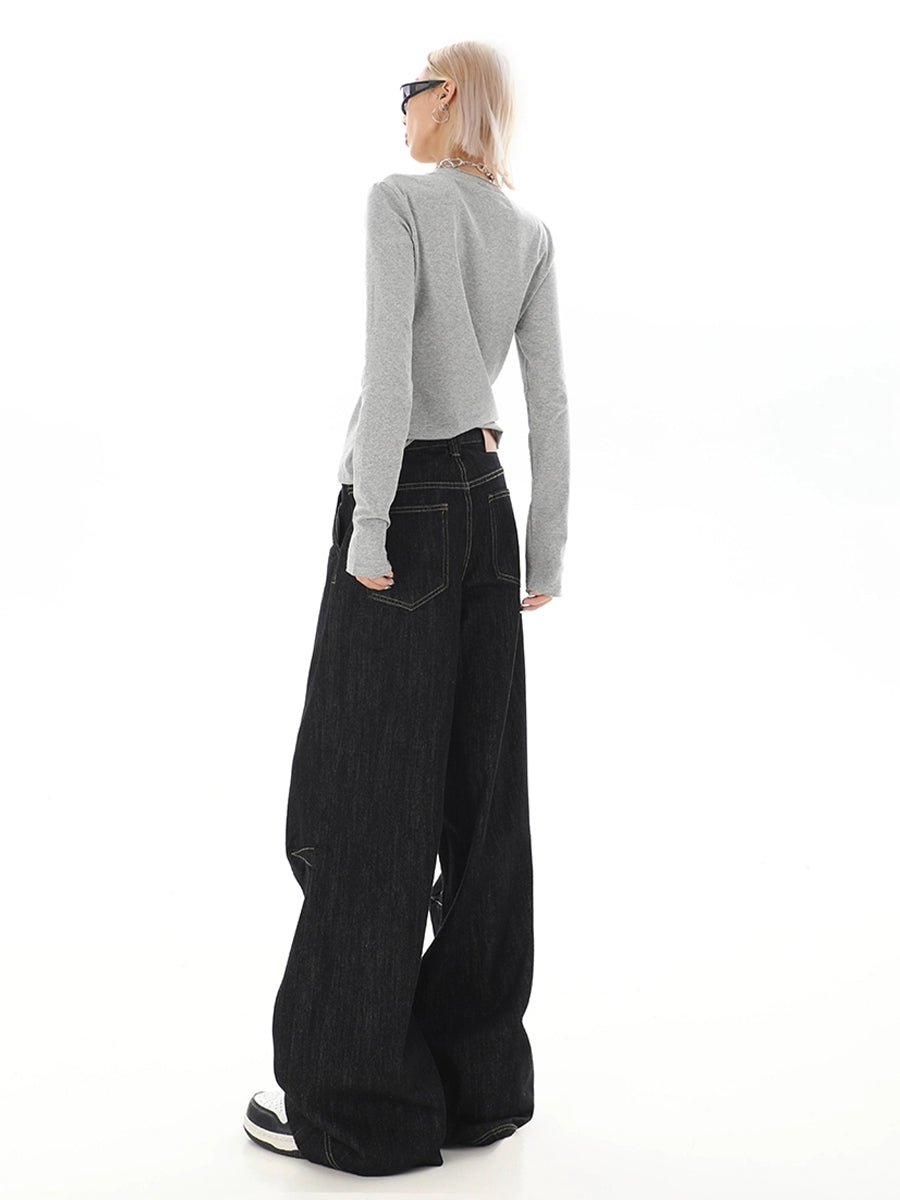 Black Straight Leg Loose Wide Leg Jeans