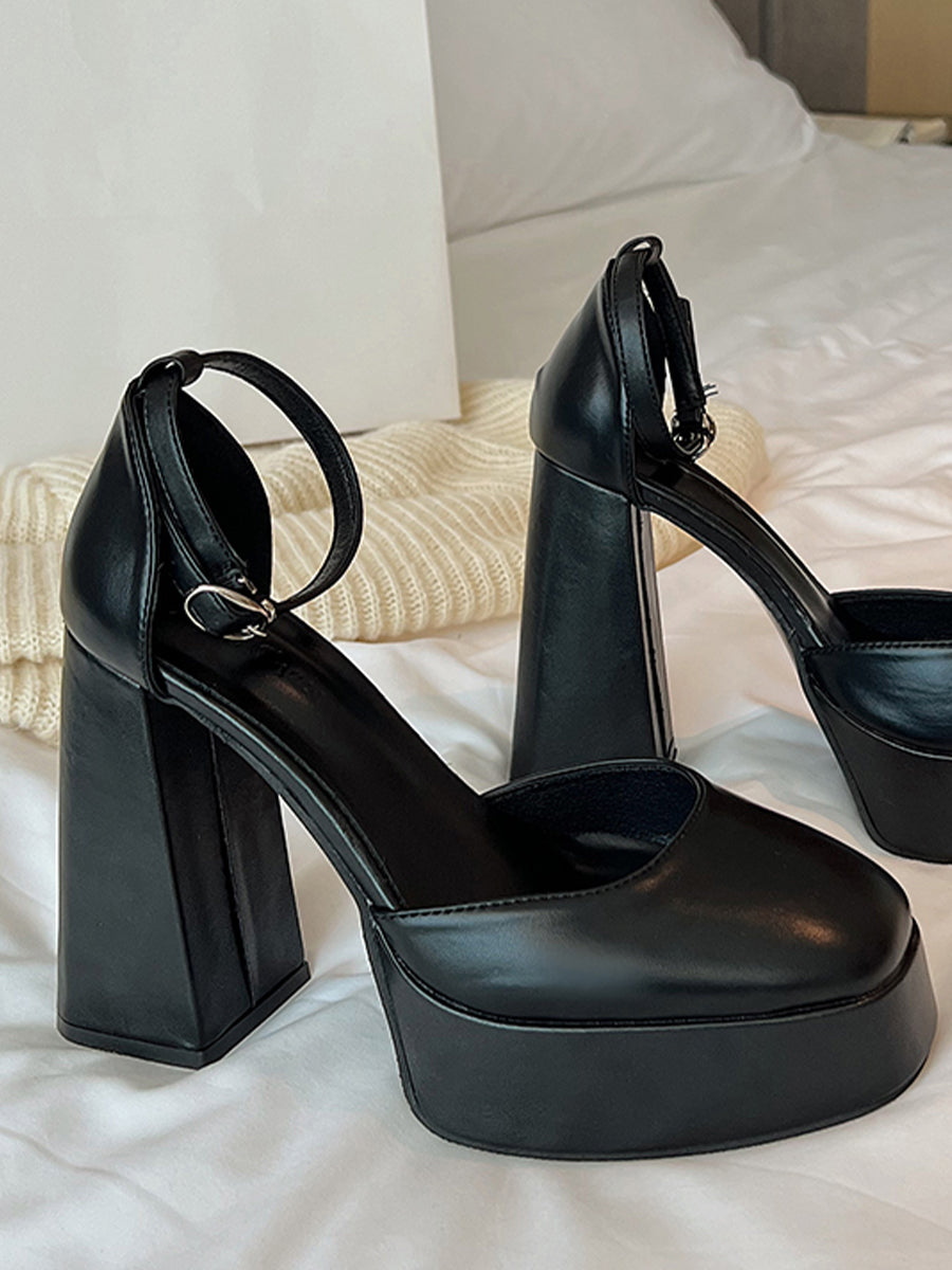 Buckle Decor Thin Ankle Strap Platform Chunky Heel Mary Janes Pumps Shoes