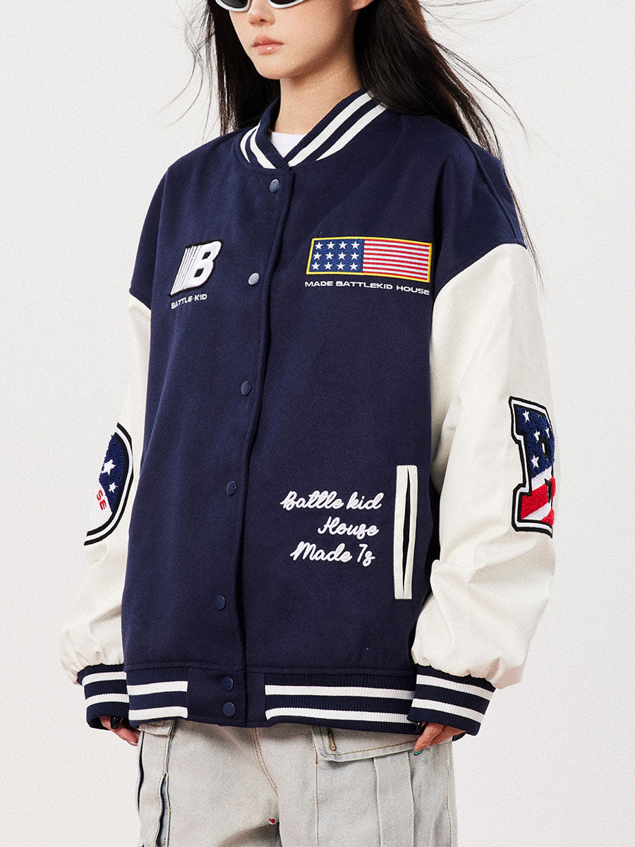 Flag Pattern Long Sleeve Loose Top Jacket Baseball Coat