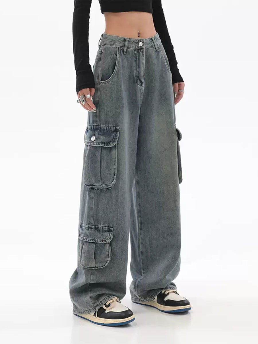 Vintage Light Blue Irregular Loose Cargo Jeans