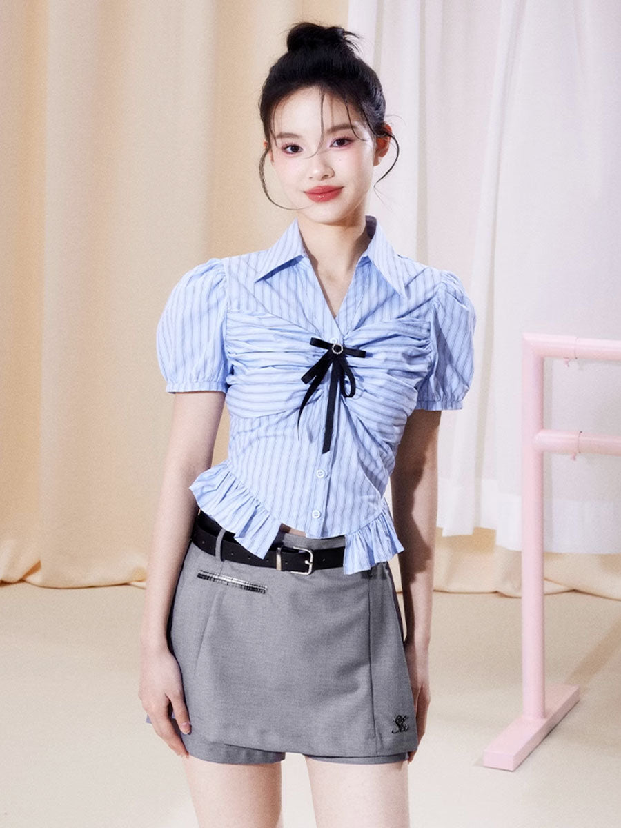 Bubble Sleeve Plaid Shirt Top + Fake Two Piece Shorts Set