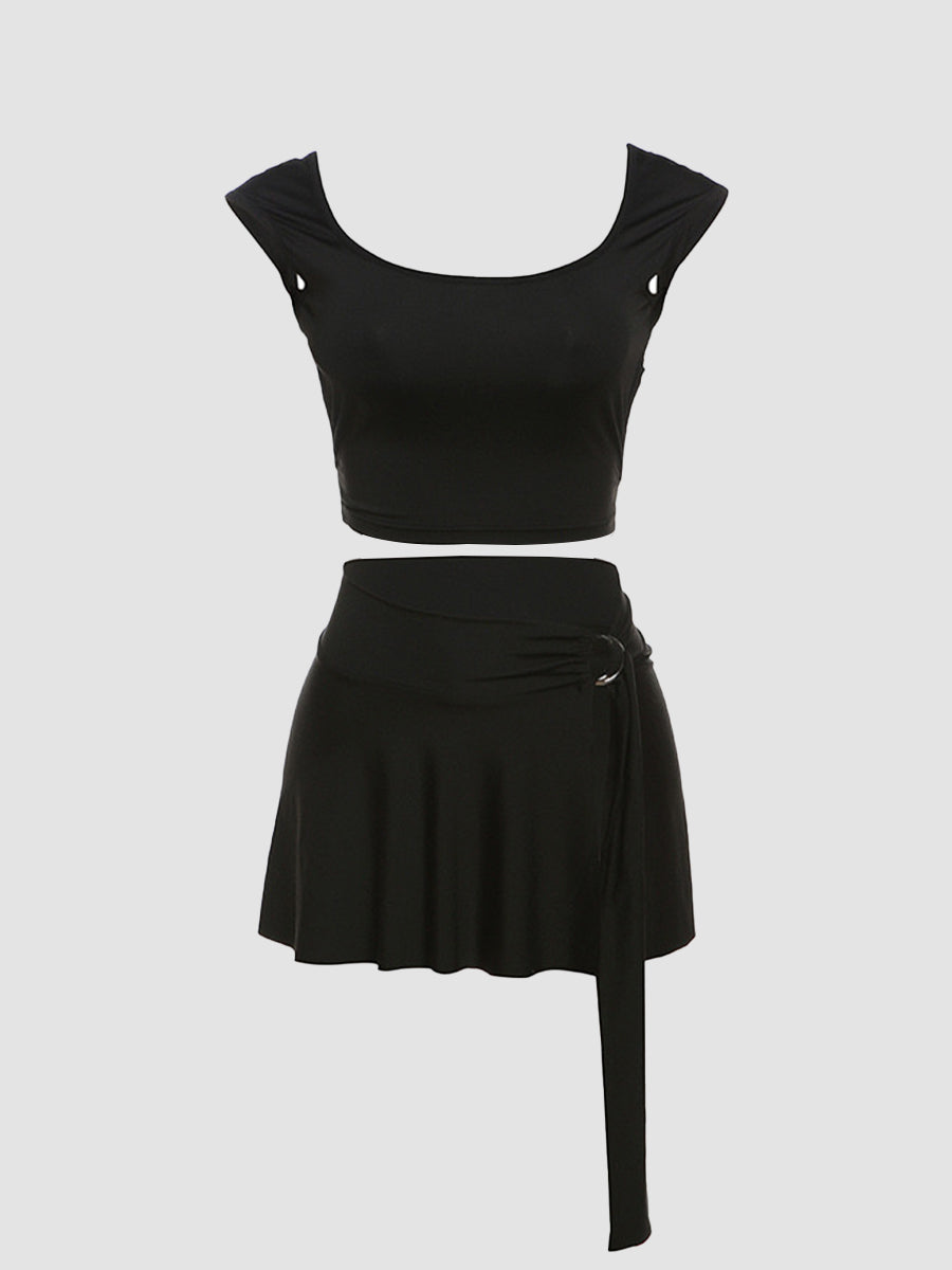 Solid Color Backless Skinny Short Cami Top + Unlined Skirt Two Piece Set
