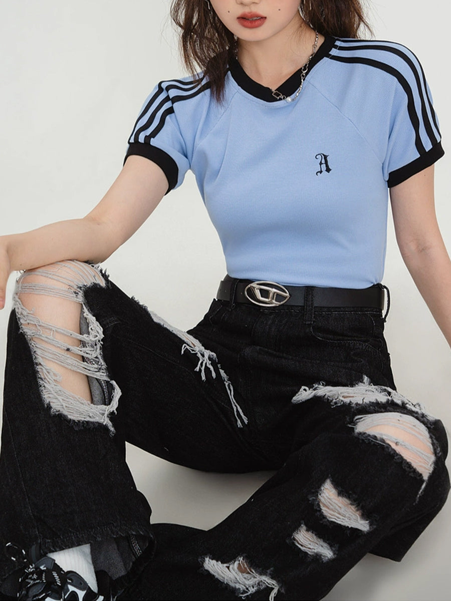 Black Ripped Straight Leg Casual Denim Jeans