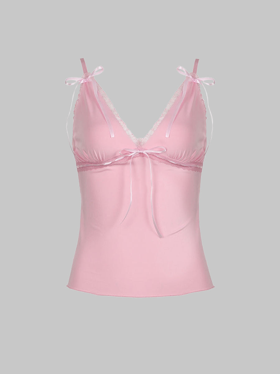 Lace Patchwork Bow Camisole Top