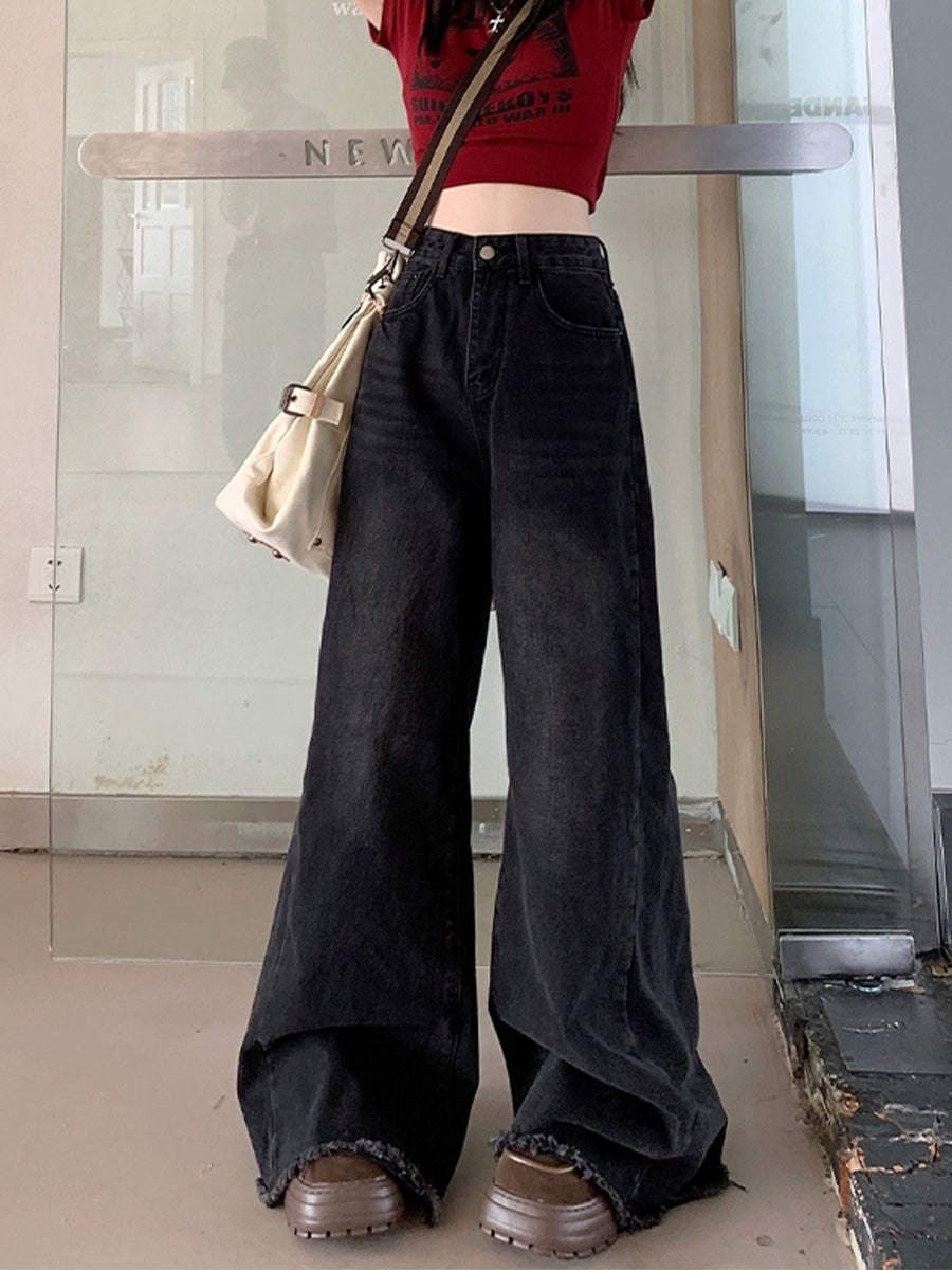Vintage Raw Hem Wide Leg Long Jeans