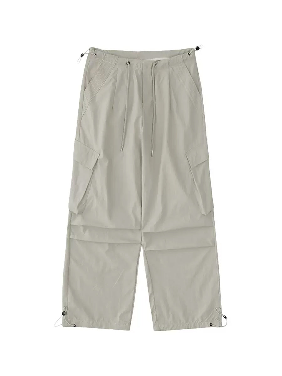 Solid Color Wide-Leg Cargo Drawstring Casual Pants