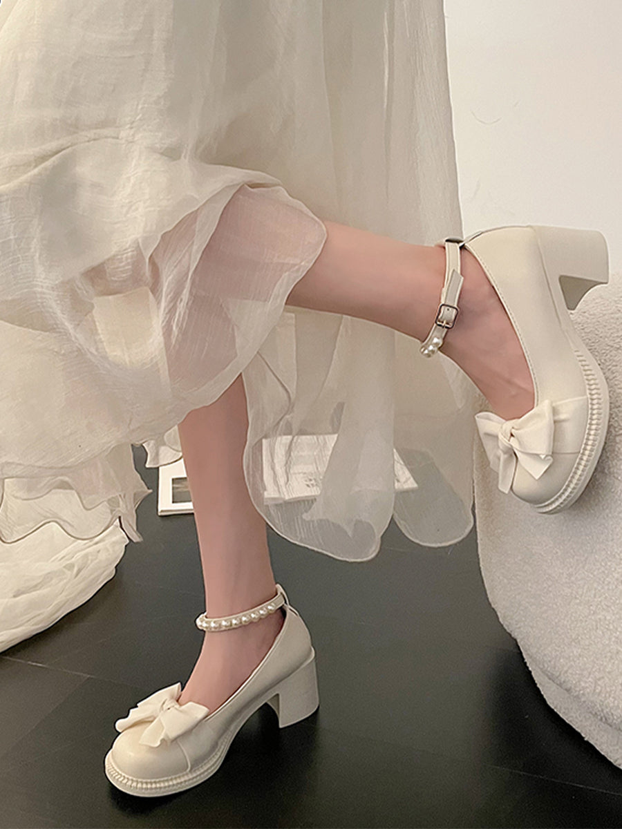 Bow Tie Round Toe Pearls Strap Mary Jane Heels Shoes
