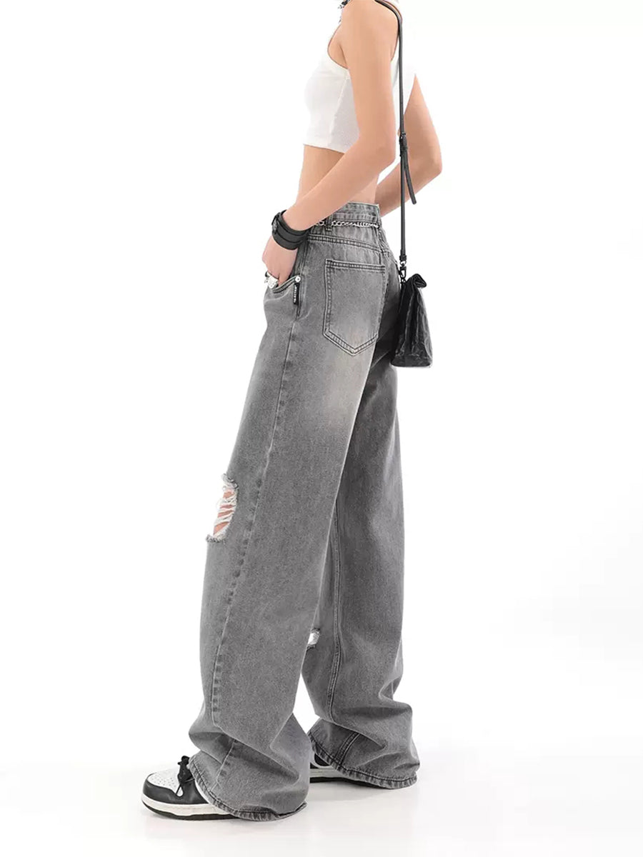 Vintage Grey Ripped Denim Straight Loose Jeans