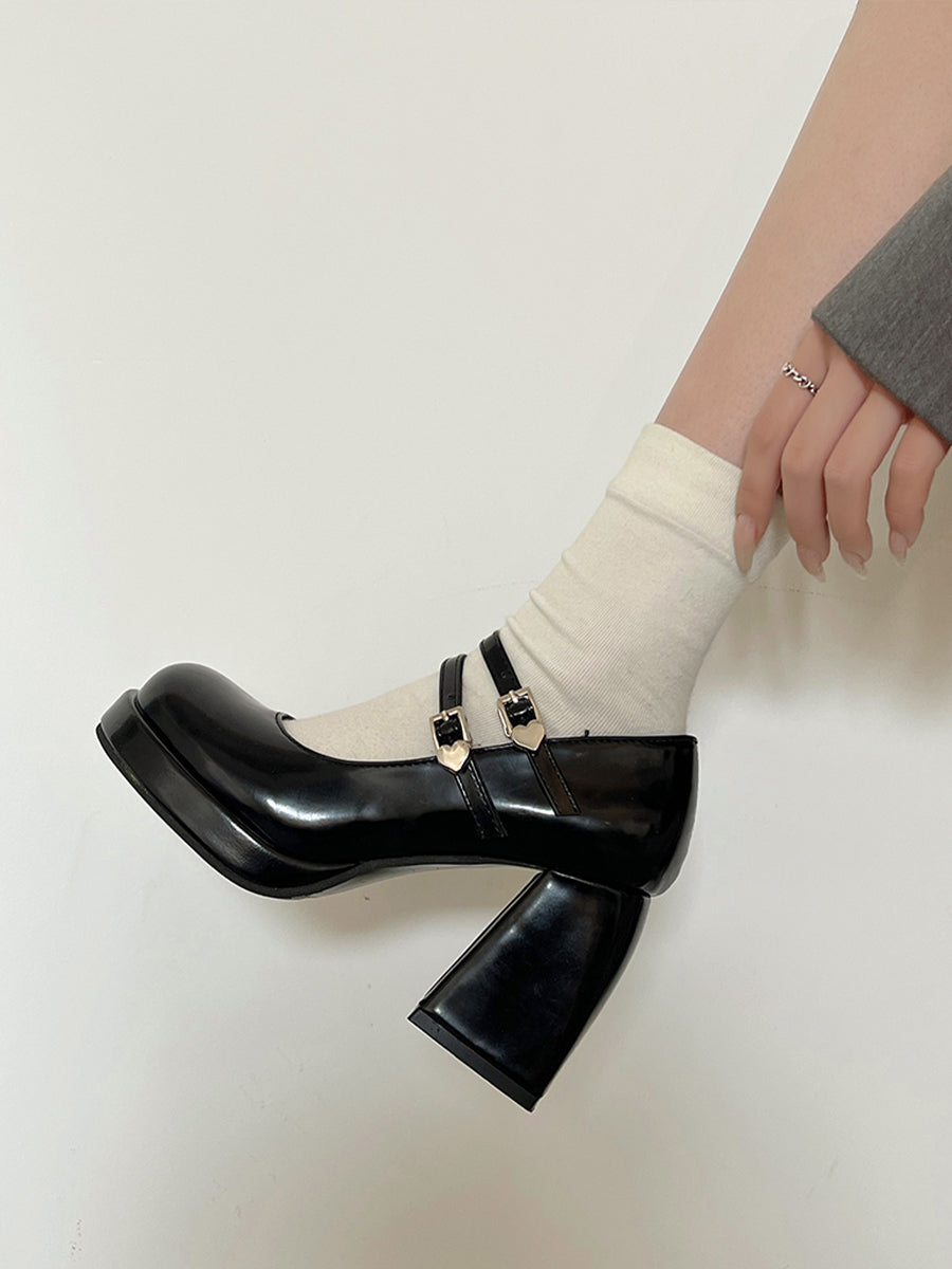 Crossover Ankle Straps Round Toe Chunky Heeled Mary Jane Pumps