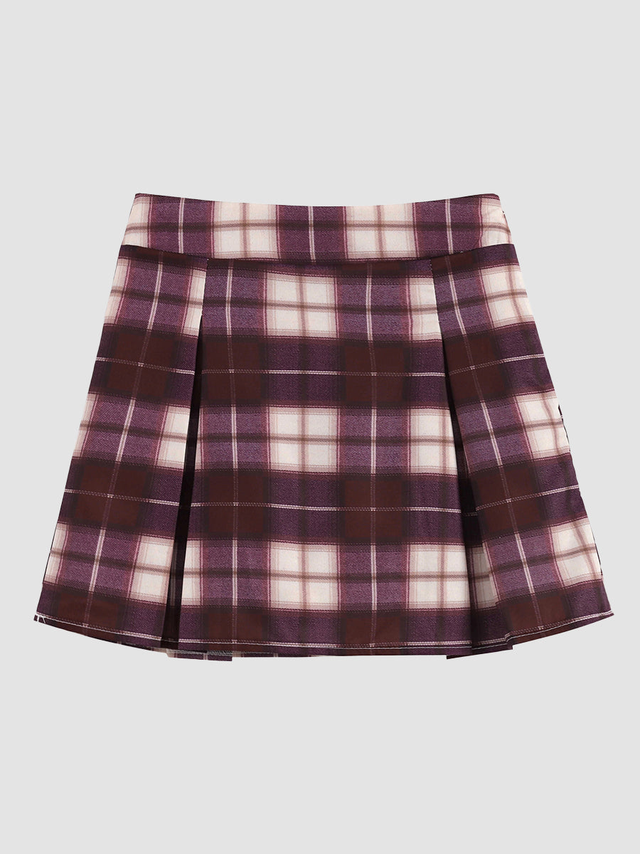 Fake Two Piece Shirt Top + Plaid Skirt with Tie Set