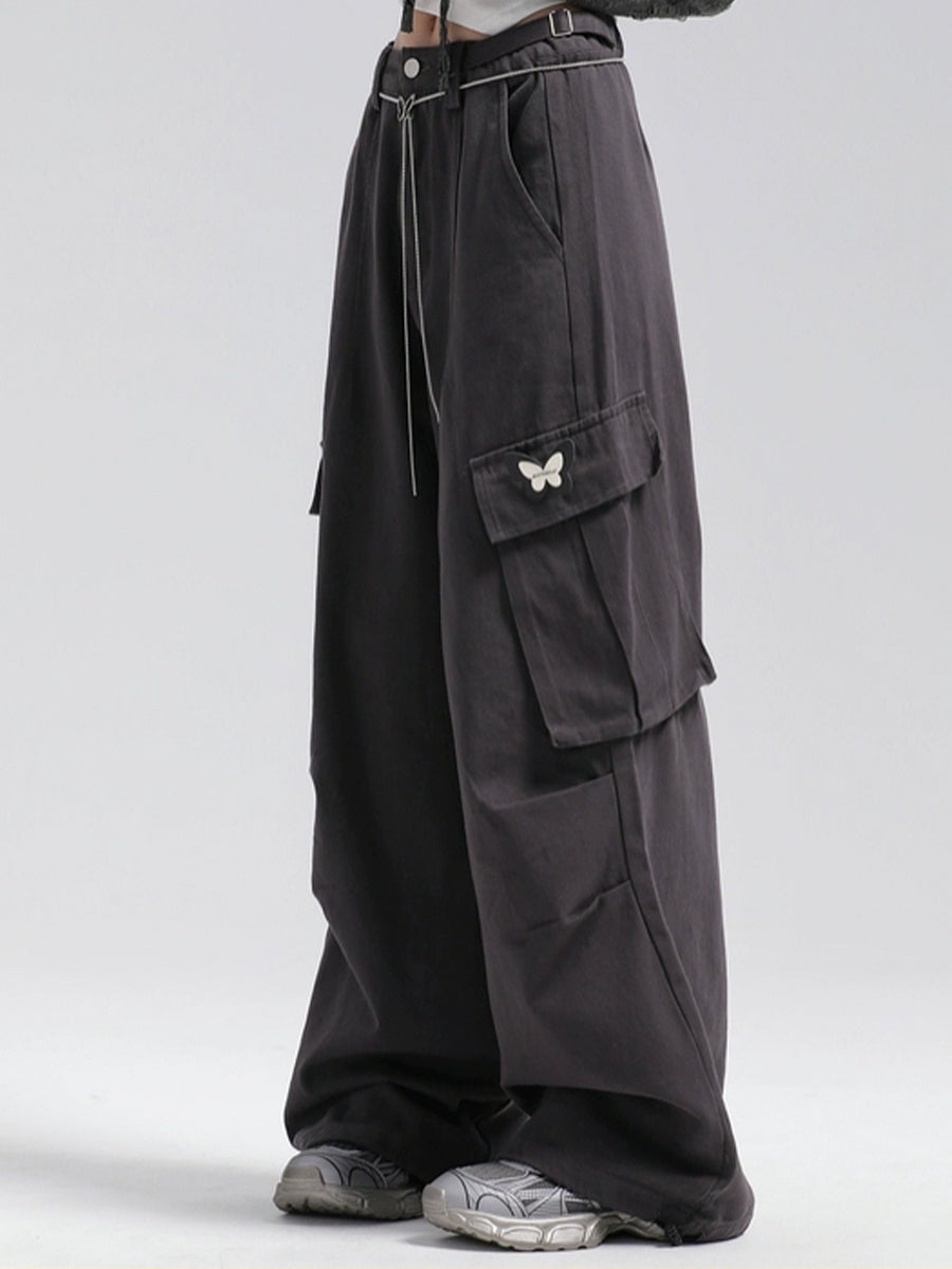 Solid Color Cargo Butterfly Decoration Loose Casual Pants with Butterfly Chain Belt
