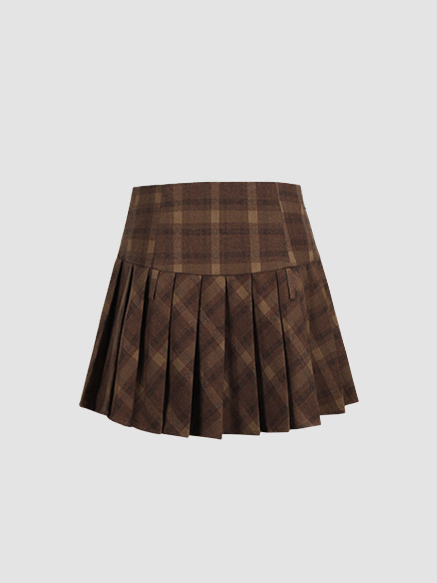 Brown Plaid Jacket Top with Bow and Plaid Pleated Skirt Set